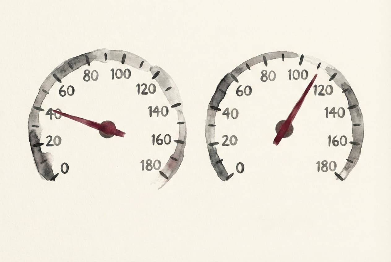 Two speedometers side by side — his needle at 40, hers at 120. Watercolor illustration.